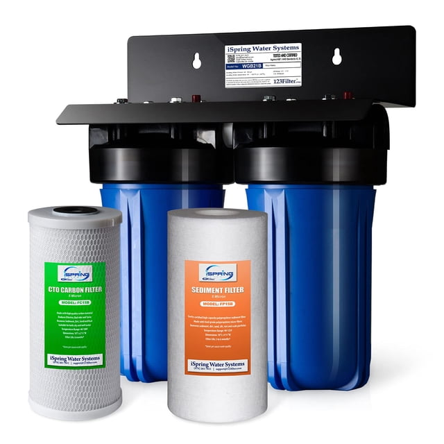 iSpring WGB21B Sistema de filtración de agua de 2 etapas para toda la casa, con filtro CTO de sedimentos (cloro, sabor y olor) de 10" x 4,5", entrada/salida de 1"
