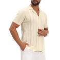 thumbnail image 4 of INSPIRE CHIC Men's Hollow Knitted Shirt Short Sleeve Button Down Striped Shirts M Beige, 4 of 6