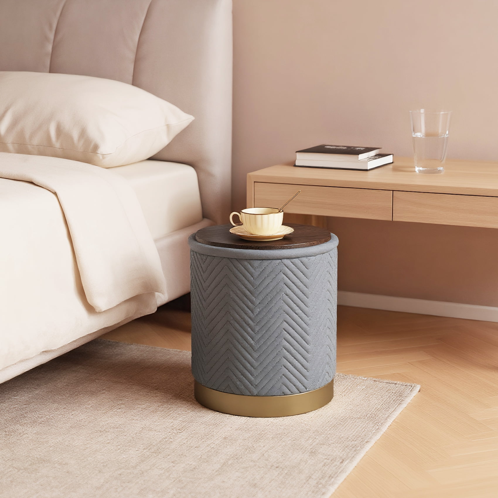 PINPLUS 15" Round Storage Ottoman with Tray Gold Edge Stool Leg Foot Rest for Living Room Gray,Velvet Fabric