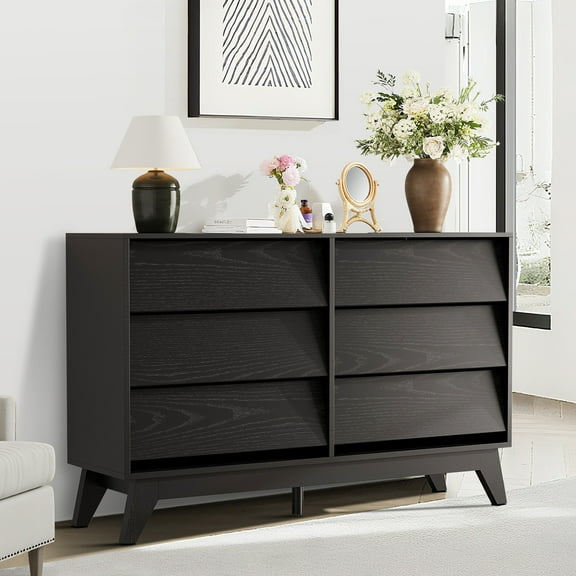 M optimized 6-Drawer Dresser for Bedroom, 47.2" Wide Mid Century Chest of Drawers, Wooden Dresser TV Stand, Vintage Dressers with Bevel Design