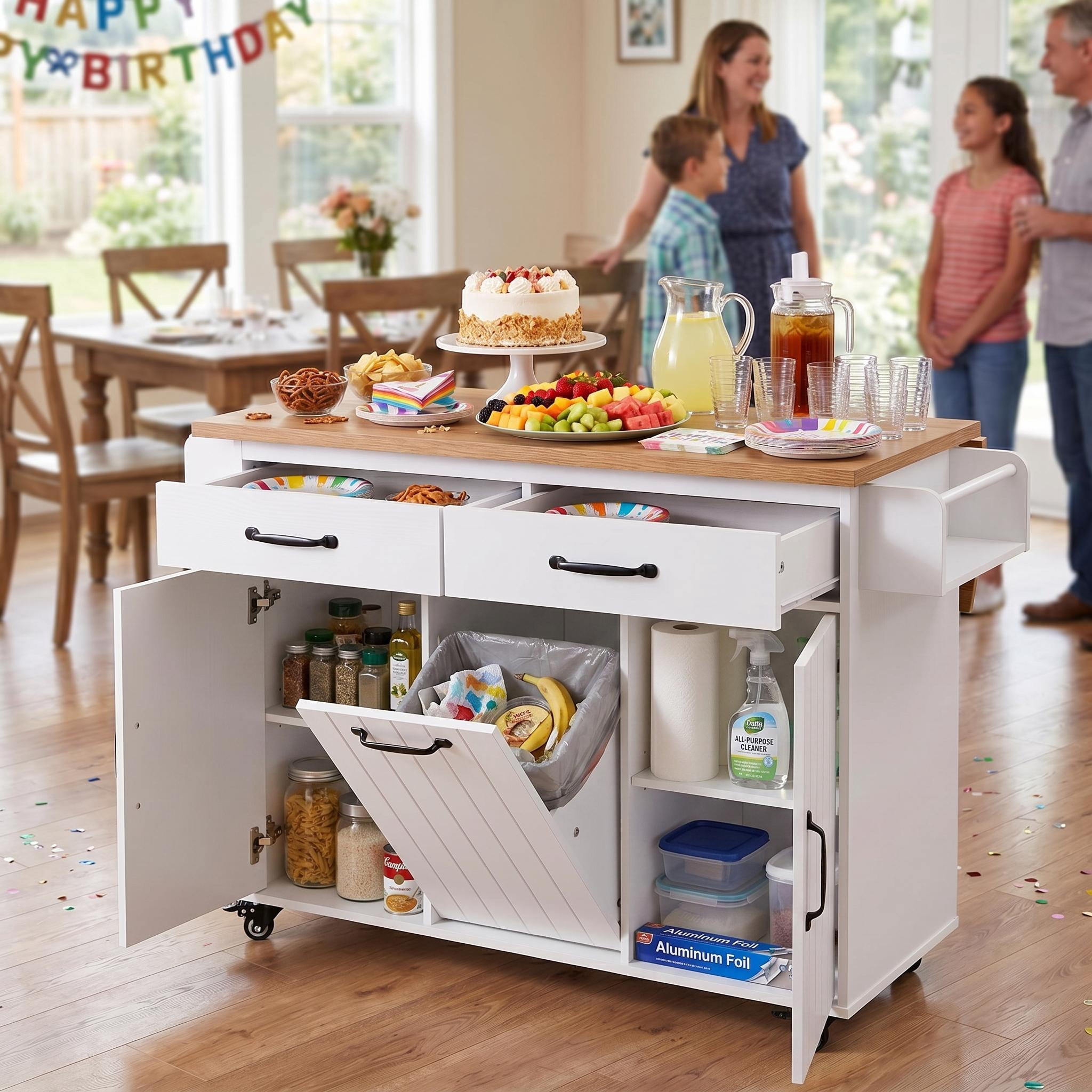 Homy Casa Kitchen Island Cart with Drop Leaf, Tilt-Out Trash Cabinet, Storage Shelves & Drawers, White