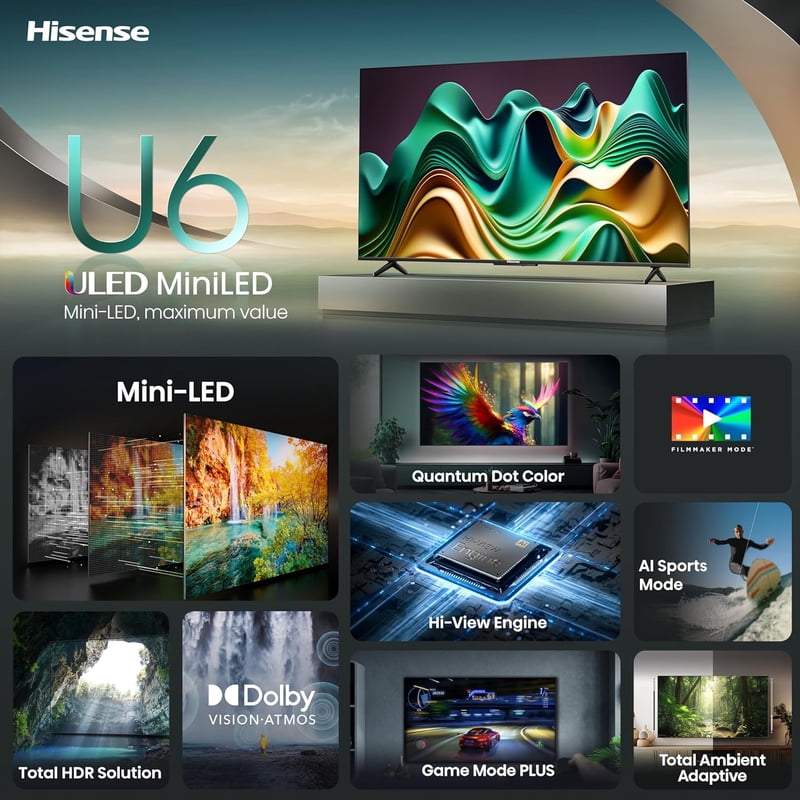 Hisense 75" Class U6 Series Mini-LED 4K UHD QLED Smart Google TV (2024) front and back view