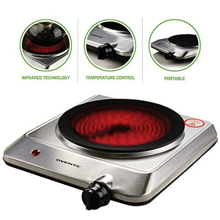 - Ovente Countertop Infrared Burner – 1000 Watts – 7.5” Ceramic Glass Single Plate Cooktop with Temperature Control, Non-Slip Feet – Indoor/Outdoor Portable Electric Stove – Stainless Steel (BGI201S)