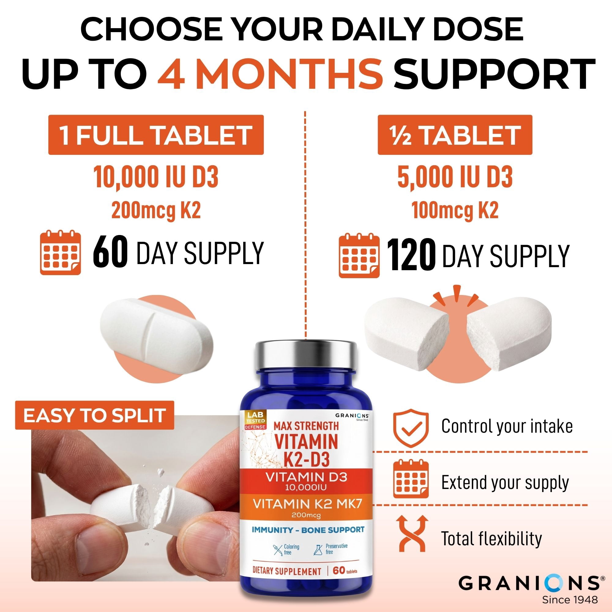 Max Strength D3 K2 Vitamin 10,000 IU MK7 Complex - Vitamin K2 D3 Supplement -Immune Support, Bone Health Supplements - 2 Month