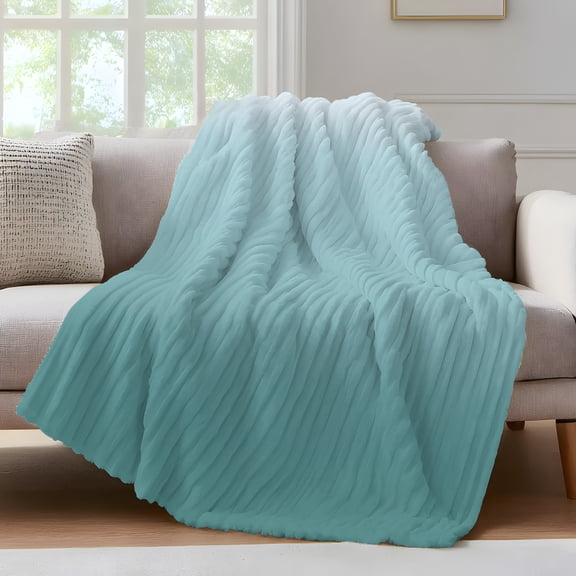 Turquoise Ombre Fleece Throw Blanket for Couch, Teal White Gradient Modern Abstract Art Microfiber Flannel Blanket for All Season, Lightweight Soft Throw Blankets for Bed, Sofa, Travel, 50"x60"