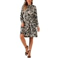 thumbnail image 2 of INSPIRE CHIC Women's Floral Dress Mock Neck Long Sleeve Tie Waist Knee Length Boho Dress XL Black Yellow, 2 of 5
