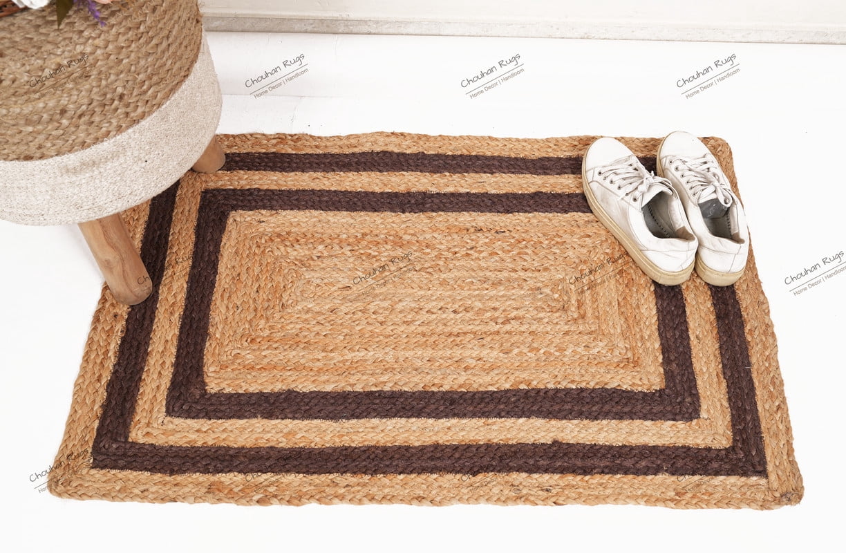 Rectangle Rug Natural Jute Rug Hand Braided Beige and Brown Color Stripes Line Area Rug
