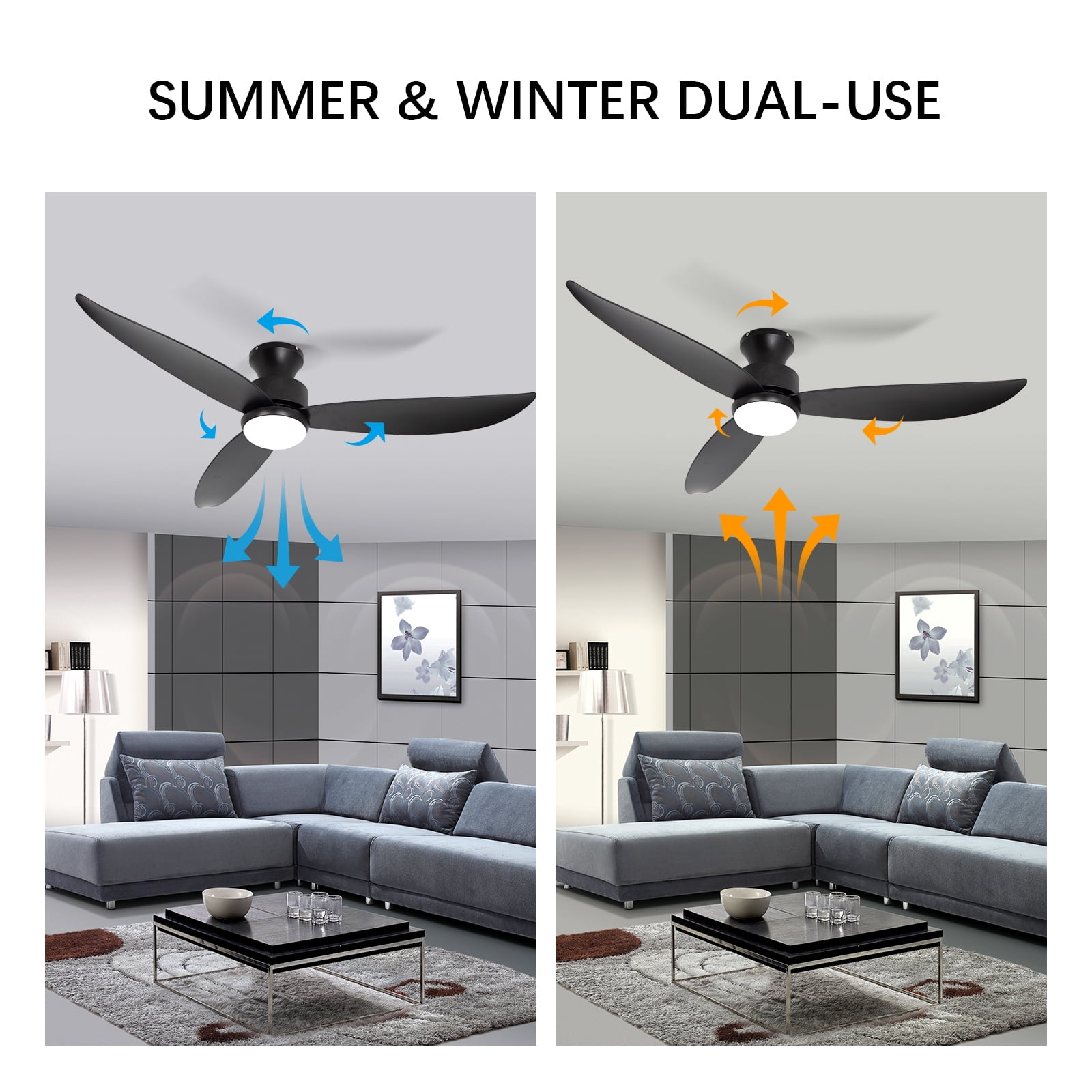 Wozzio Modern Black Ceiling Fan 52'' Modern Black Ceiling Fan - 3 Blades, 6 Speeds, With Light With Remote Control, Noiseless Reversible DC Motor, Indoor Outdoor, Flush Mount
