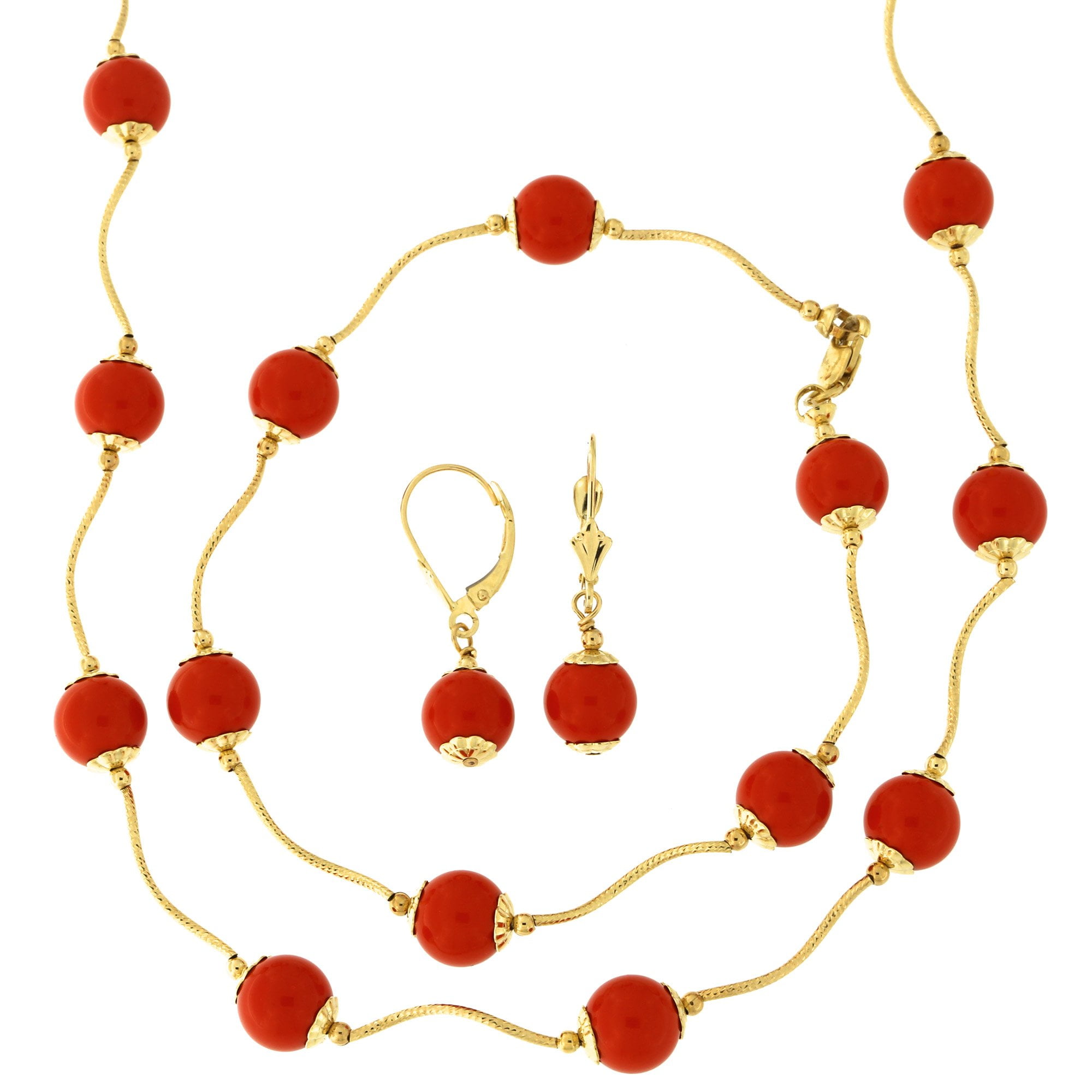 14k Yellow Gold Diamond Cut 8mm Capped Simulated Coral Station Necklace, Earrings and Bracelet Set by