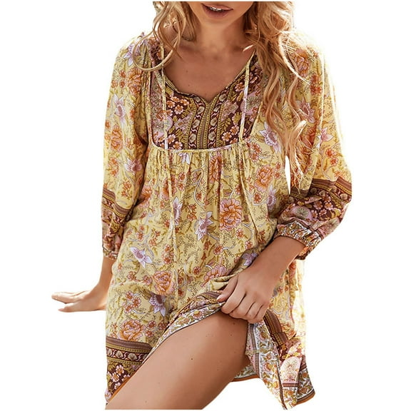 Women Bohemian Dress Casual Puff Sleeve Dresses 3/4 Sleeves A Line V Neck Boho Floral Dress Beach Dress Mini Length Dress