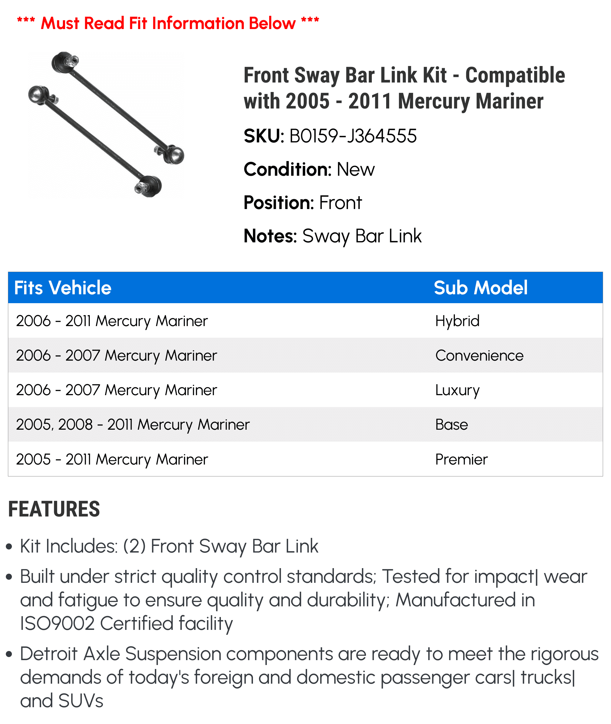 Front Sway Bar Link Kit - Compatible with 2005 - 2011 Mercury Mariner 2006 2007 2008 2009 2010