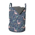 thumbnail image 1 of Cartoon Laundry Bag, Funny Unicorns Dragonflies Hearts Love Flowers Pastel Toned Doodle, Basket with Handles Drawstring Closure for Laundromats, 13" x 19", Pale Pink and Slate Blue, by Ambesonne, 1 of 4