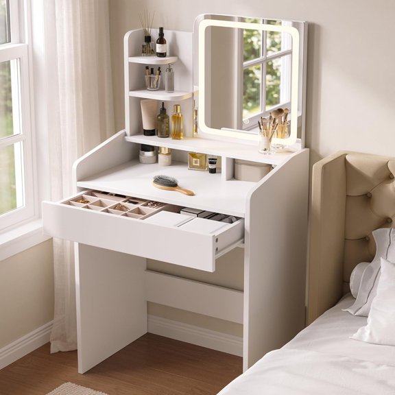 Dowinx Small Vanity Desk with Mirror and Lights, Makeup Vanity with Drawer & Storage Shelves, Makeup Desk with 3 Lighting Modes & Adjustable Brightness, Dressing Table for Women Girls Bedroom