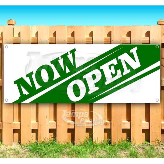 Now Open Slant 13 oz Vinyl Banner With Metal Grommets