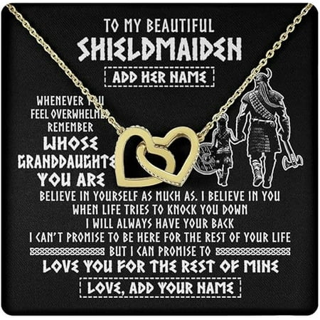 To My Granddaughter Birthday Gift from Grandfather, Beautiful Shieldmaiden Viking Necklace, Christmas Gift with Message Card and Gift Box, Interlocking Heart Necklace