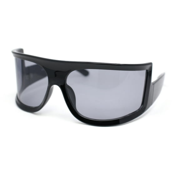 Flat Top Oversized Wrap Curved Lens Plastic Retro Sporty Sunglasses All Black