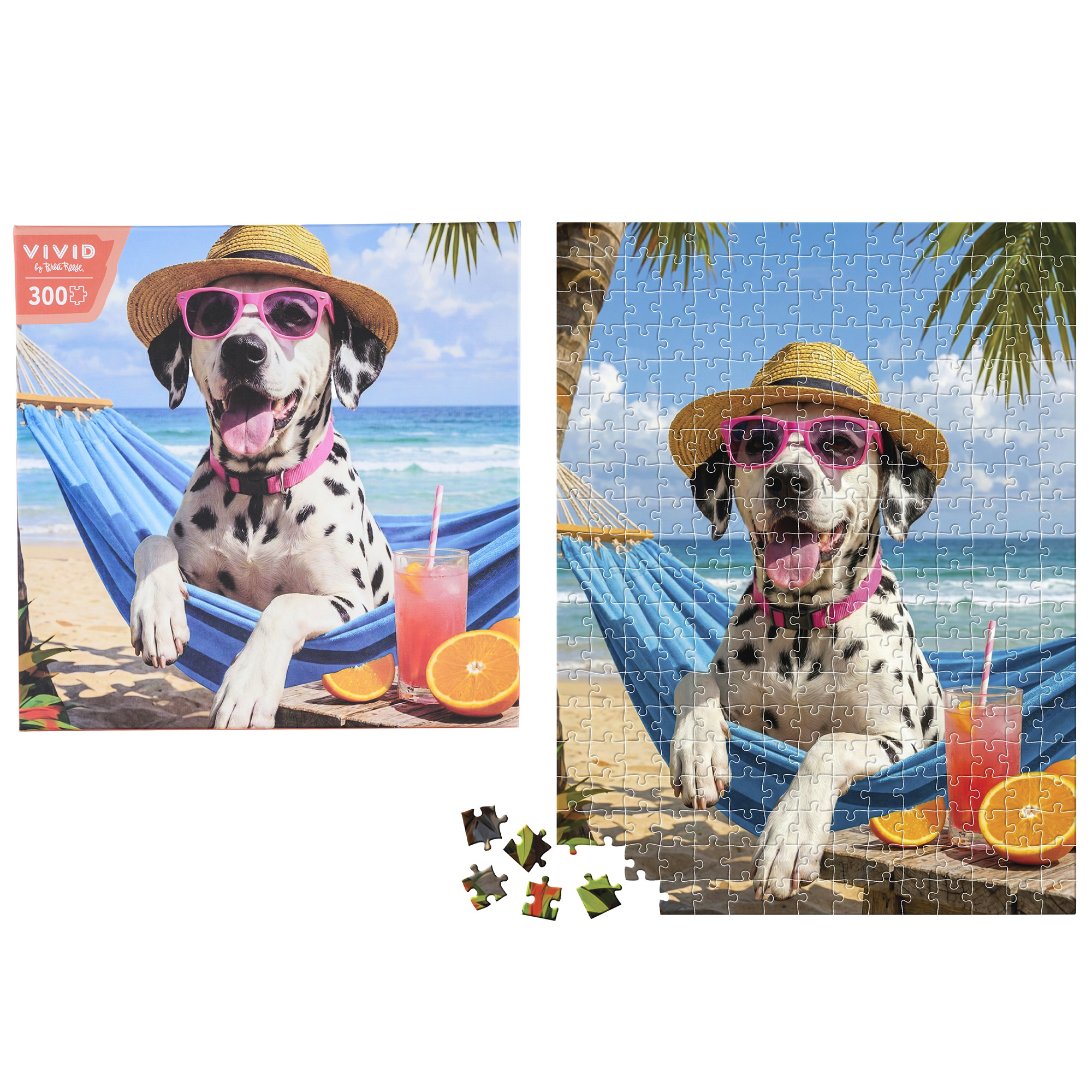 Vivid by Brea Reese: 300 Piece Puzzle - Vacay Doggie - Dalmatian Dog Relaxing Beach Scene Jigsaw, Soft-Touch Snap-Fit Pieces, Image Reference Poster