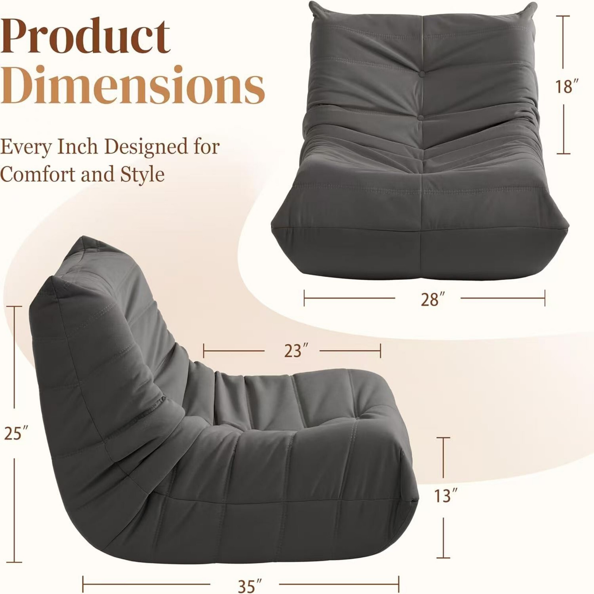 Kosynda Bean Bag Chairs for Adults, Giant BeanBag Chair with Memory Foam Filled, Comfy Bean Bag Sofa for Living Room, Bedroom, Office, Gray