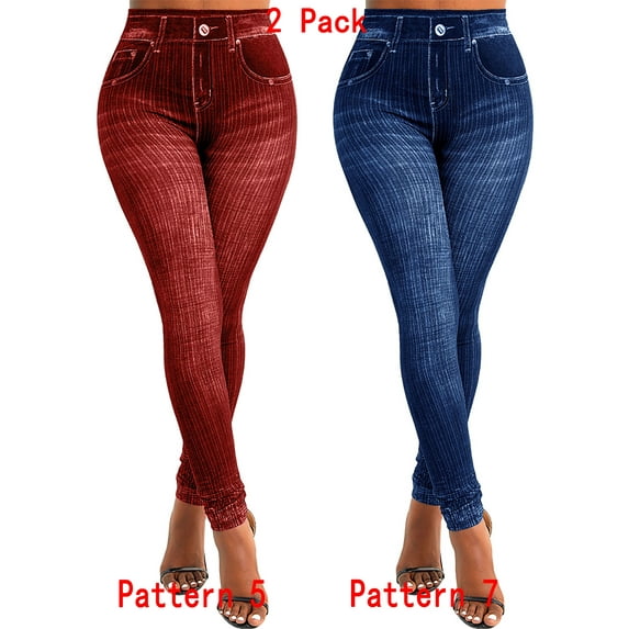Gvmfive Women Casual Imitation Denim Print Jeggings Skinny Leggings Pants, 2/3/4 Pack