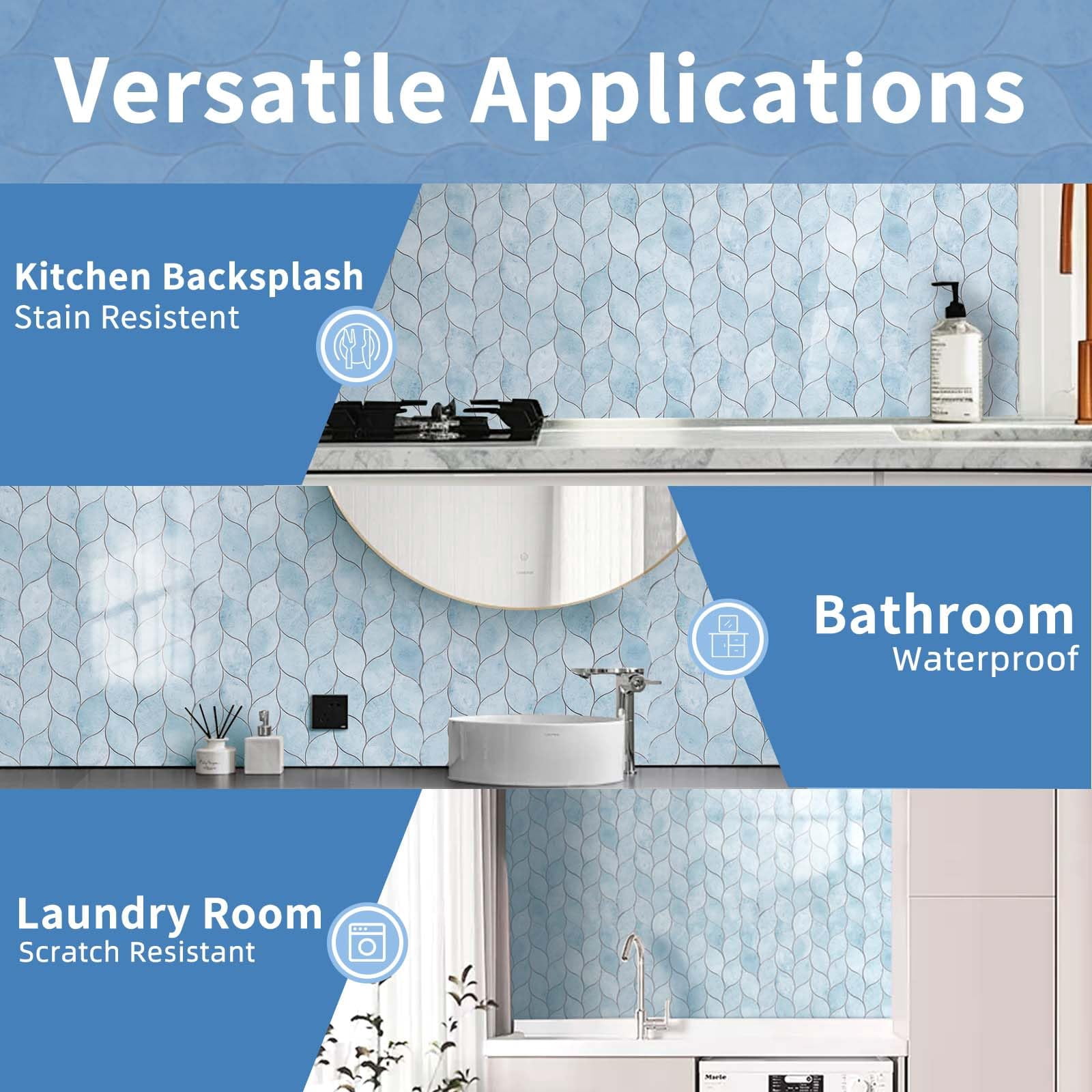 10-sheet Peel And Stick Backsplash Tile For Kitchen  Self-adhesive Mosaic Glossy Leaf On Wall With Gaps (pastel Blue)