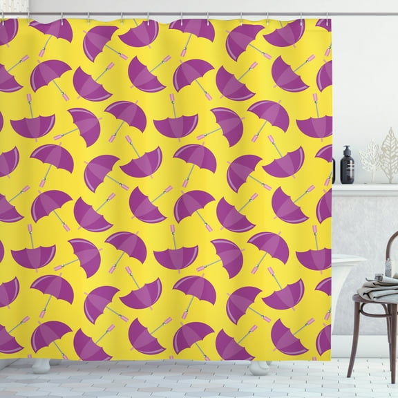 Umbrella Shower Curtain, Bicolor Style Pattern with Autumn Accessories Rain Season Print, Fabric Bathroom Set with Hooks, 69W X 70L Inches, Pastel Yellow and Purple, by Ambesonne