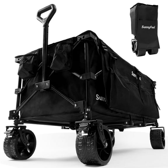 SUNNYFEEL 49''L 550lbs Heavy Duty Wagon Cart Foldable with Wheels,Extra Long Fold Up Wagons Carts with Side Pocket and Brakes for Camping Sports Garden Shopping (Black)
