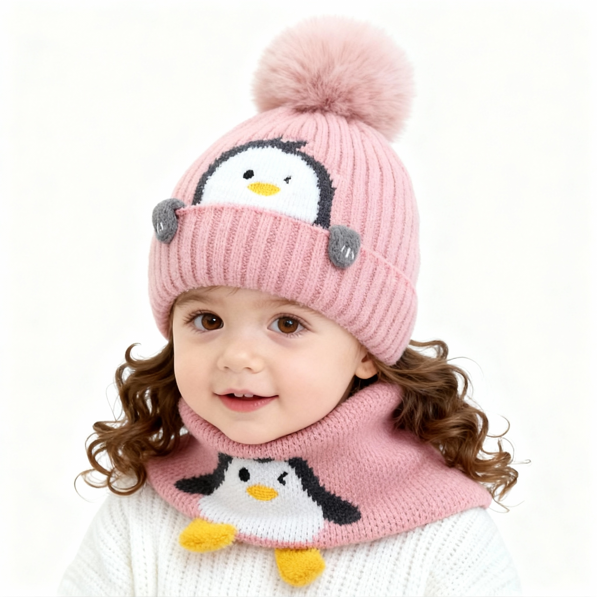 Baby Kids Winter Warm Hats, Infant Toddler Children Pom Pom Beanie Knit Cap Girls Boys-2 piece