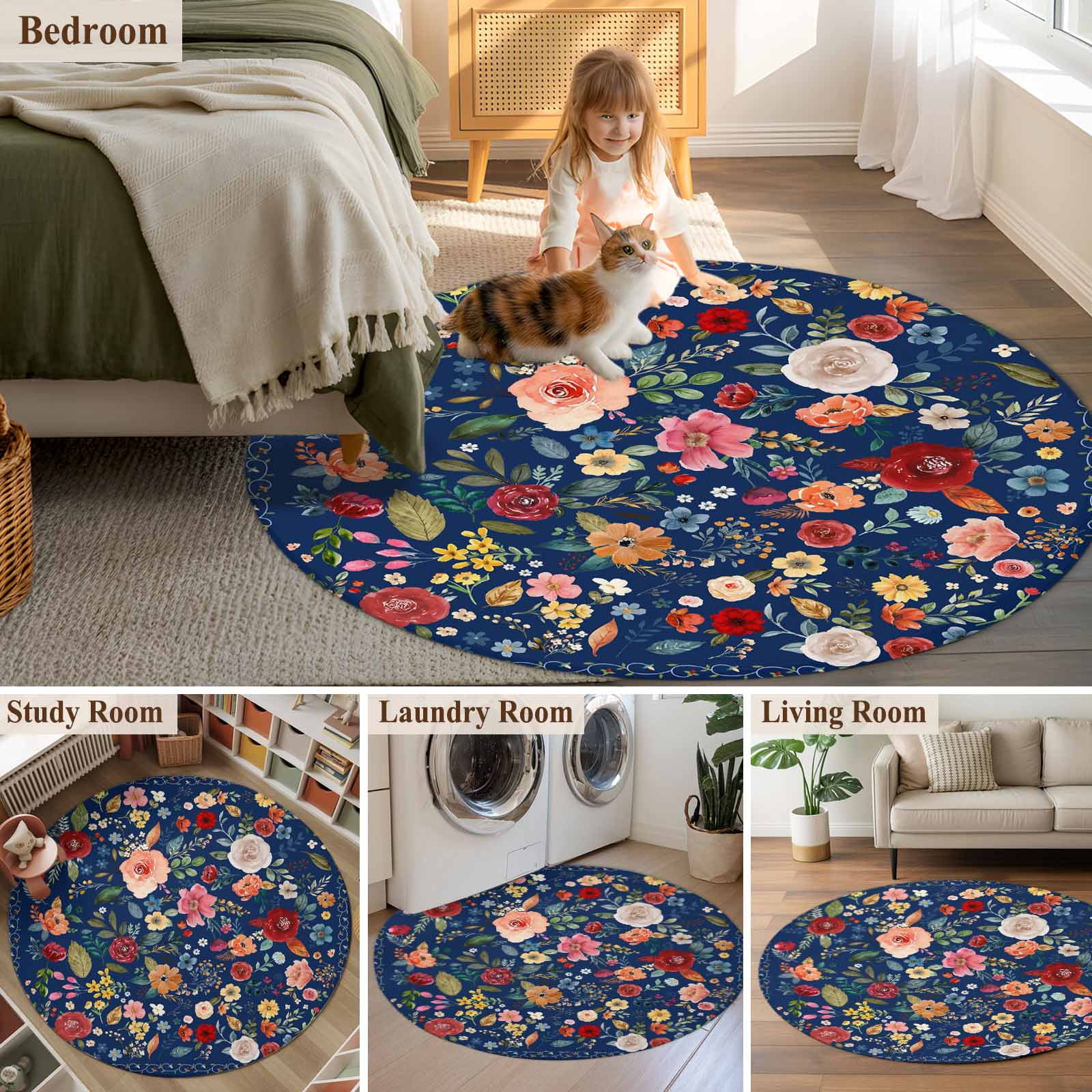 Round Rugs 3 Ft, Navy Blue Flowers Non Slip Area Rugs for Kitchen Bedroom Entryway, Spring Vintage Floral Leaves Farmhouse Washable Carpet Runner Rug Floor Mats for Bedroom Home Decor