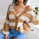 thumbnail image 2 of Suéter de mujer Mangas de linterna Cuello en V Costuras Bloque de color Suéter de ajuste casual para invierno Caqui L, 2 of 8