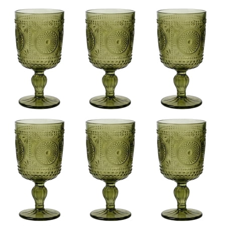 KINGSTONE Drinkware Set,6-Piece Vintage Embossed Stemmed Glass Goblets,9.47oz