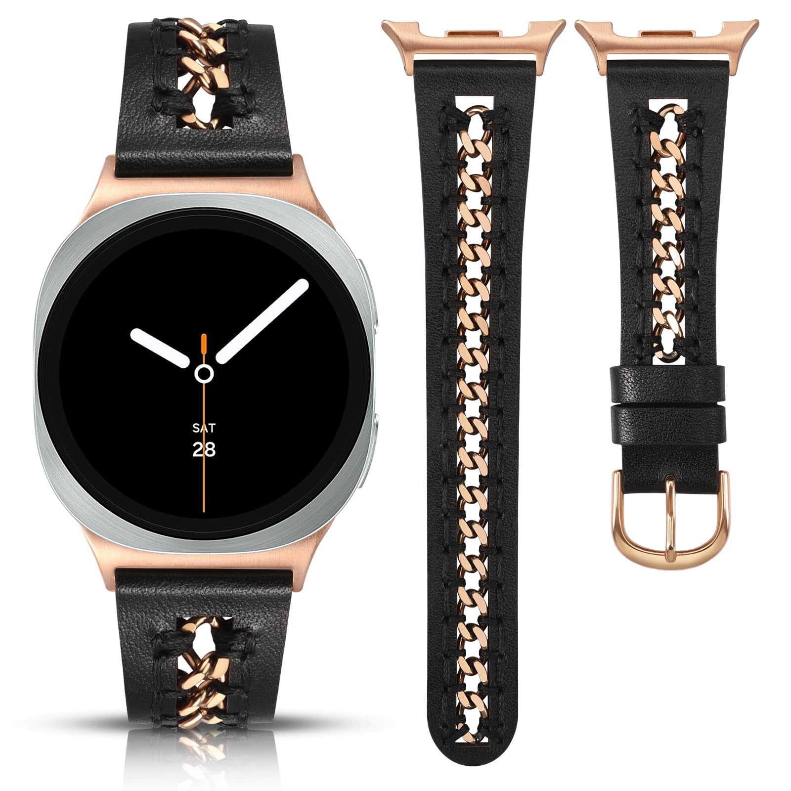 Wearlizer Leather Band Compatible with Samsung Galaxy Watch 9/8 40mm 44mm, Galaxy Watch 8 Classic 46mm, Dressy Stainless Steel Chain Strap for Women
