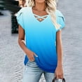 thumbnail image 2 of Charella Tops for Women Trendy Cross V Neck Petal Short Sleeve Shirts Gradient Color Basic Tee Casual Loose Clothes (3XL, Blue 2), 2 of 6