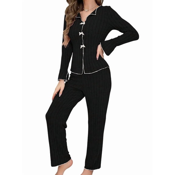 Women Pajama Lounge Sets Fall 2 Piece Outfits Ribbed Long Sleeve Matching PJ Set Sleepwear Loungewear