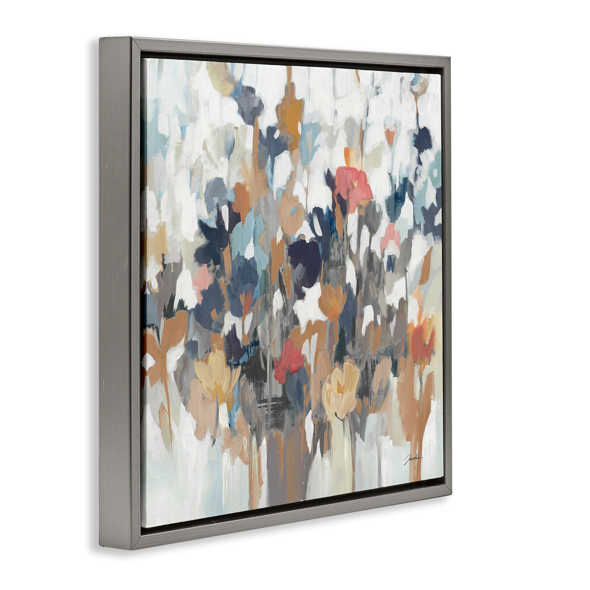 Stupell Industries Modern Painterly Floral Arrangement Botanical & Floral Painting Gray Floater Framed Canvas Art Print Wall Art, 25 x 25