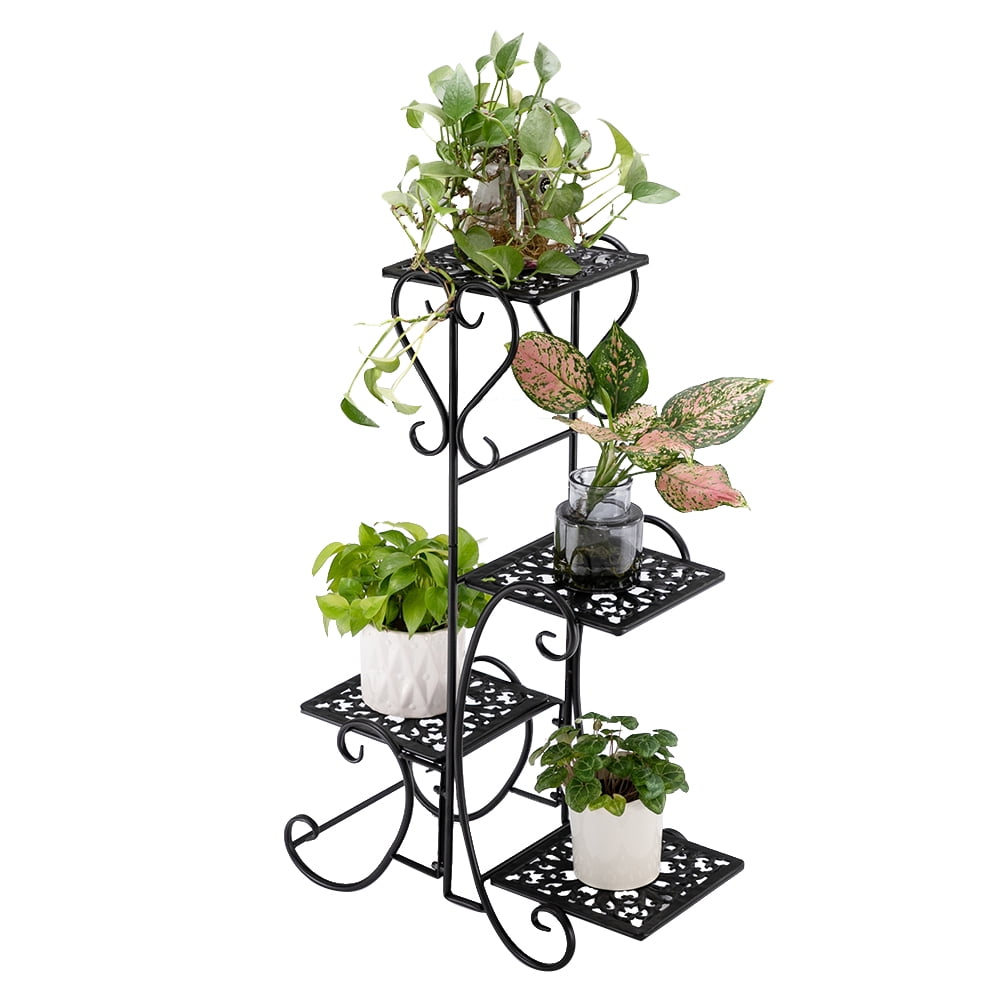 32.3" Plant Shelf Holds, 4 Square Potted Plants Stand, Black Paint