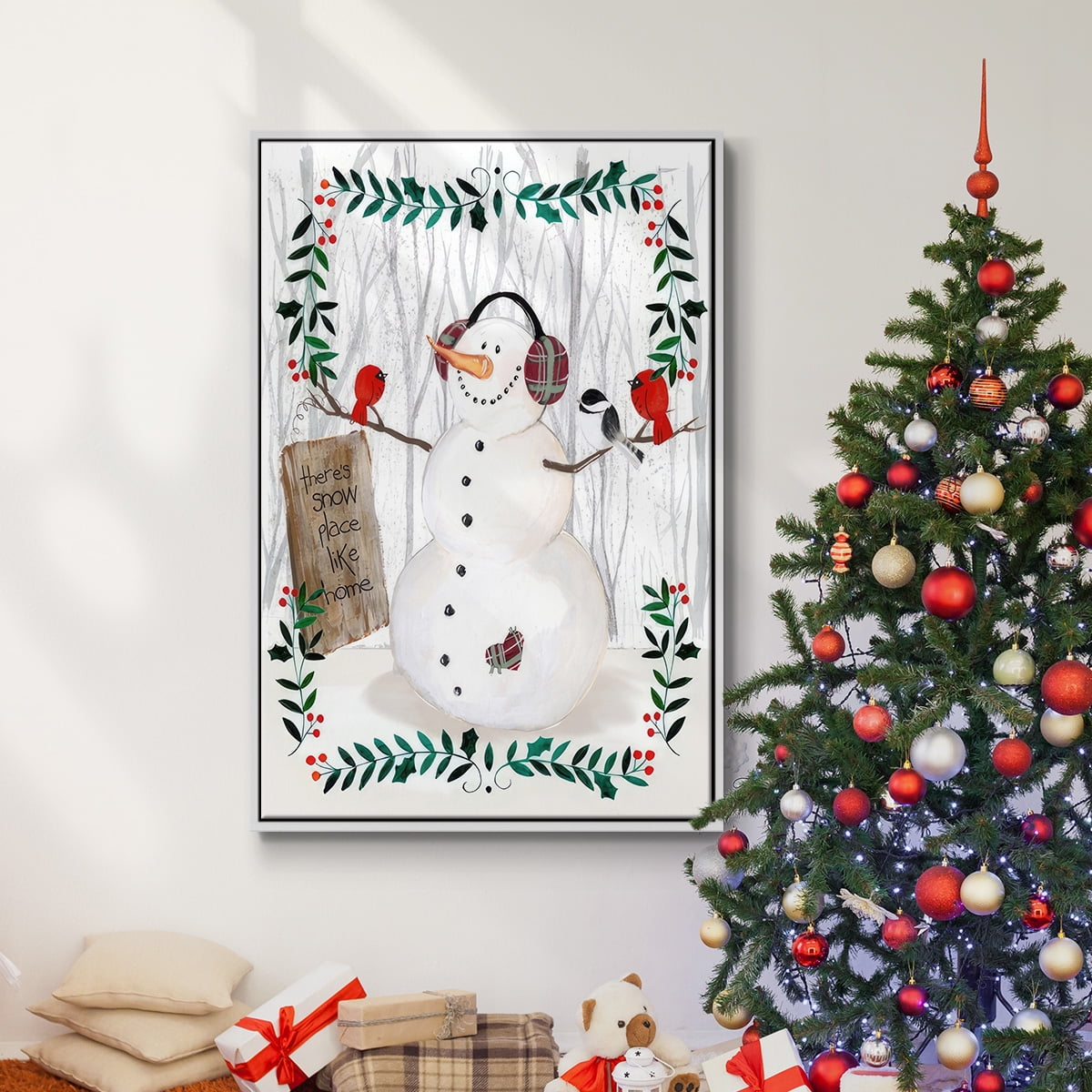 Folk Snowman Forest II - Framed Gallery Wrapped Holiday Canvas - 25 x 37 - White Frame