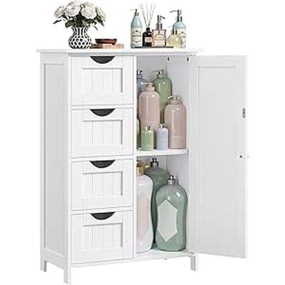 VASAGLE Armario de Baño, Armario con Puerta, Gabinete de Baño con 4 Cajones, Estante Ajustable, 30 x 55 x 82 cm, Blanco Nube