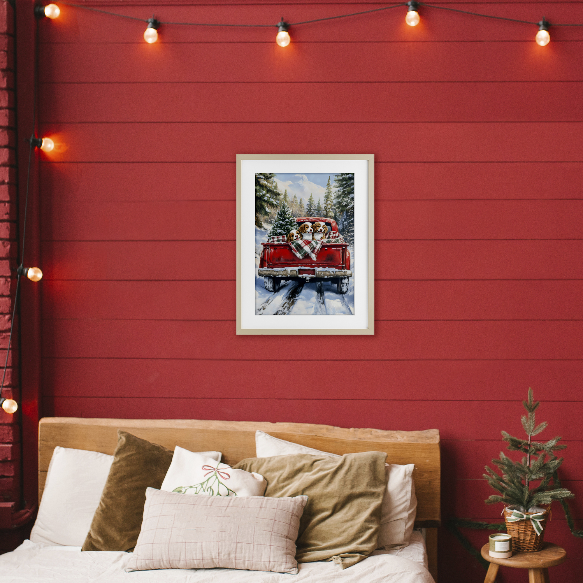 Christmas Truck Pups Trio Birch Framed Print Under Glass, design by Petal Prints Design