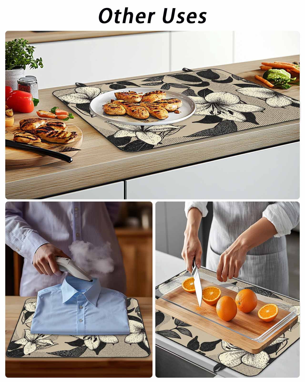 Stove Top Covers for Electric Stove, Black Floral Glass Stovetop Cover Protector, Vintage Khaki Floral Retrp Plant Leaf Induction Cooktop Protector Oven Mat for Kitchen Countertop 24"x21"