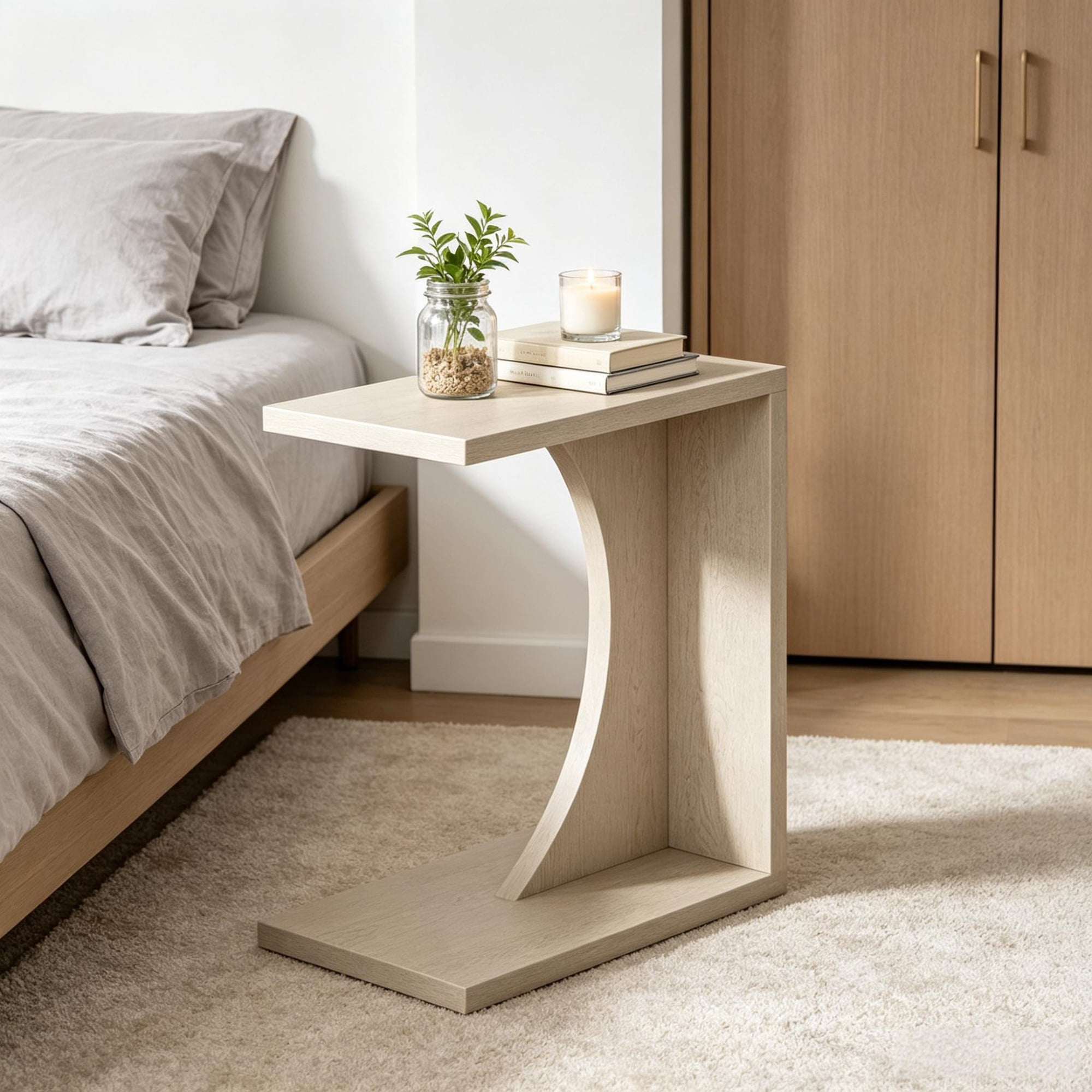 C-Shaped Narrow End Table 23.62in Wide MDF Sofa Side Table with Adjustable Feet, Slim Space Saving Side Table for Small Space Living Room Bedroom Laptop Coffee Drinks