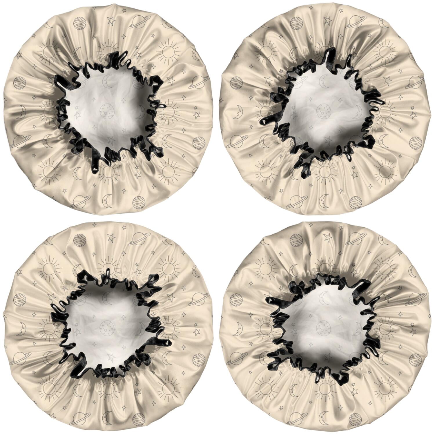 Shower Caps,Beige Sun Moon Planet Star Pattern Waterproof Shower Cap for Women 4 Pieces,Double Reusable Hair Cover for Shower PEVA Elastic Stretch Hem