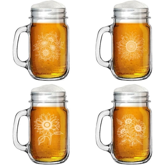 Set of 4 Glass 16oz Mason Jar Glass Mug w/Handle Gift Sunflower Collection