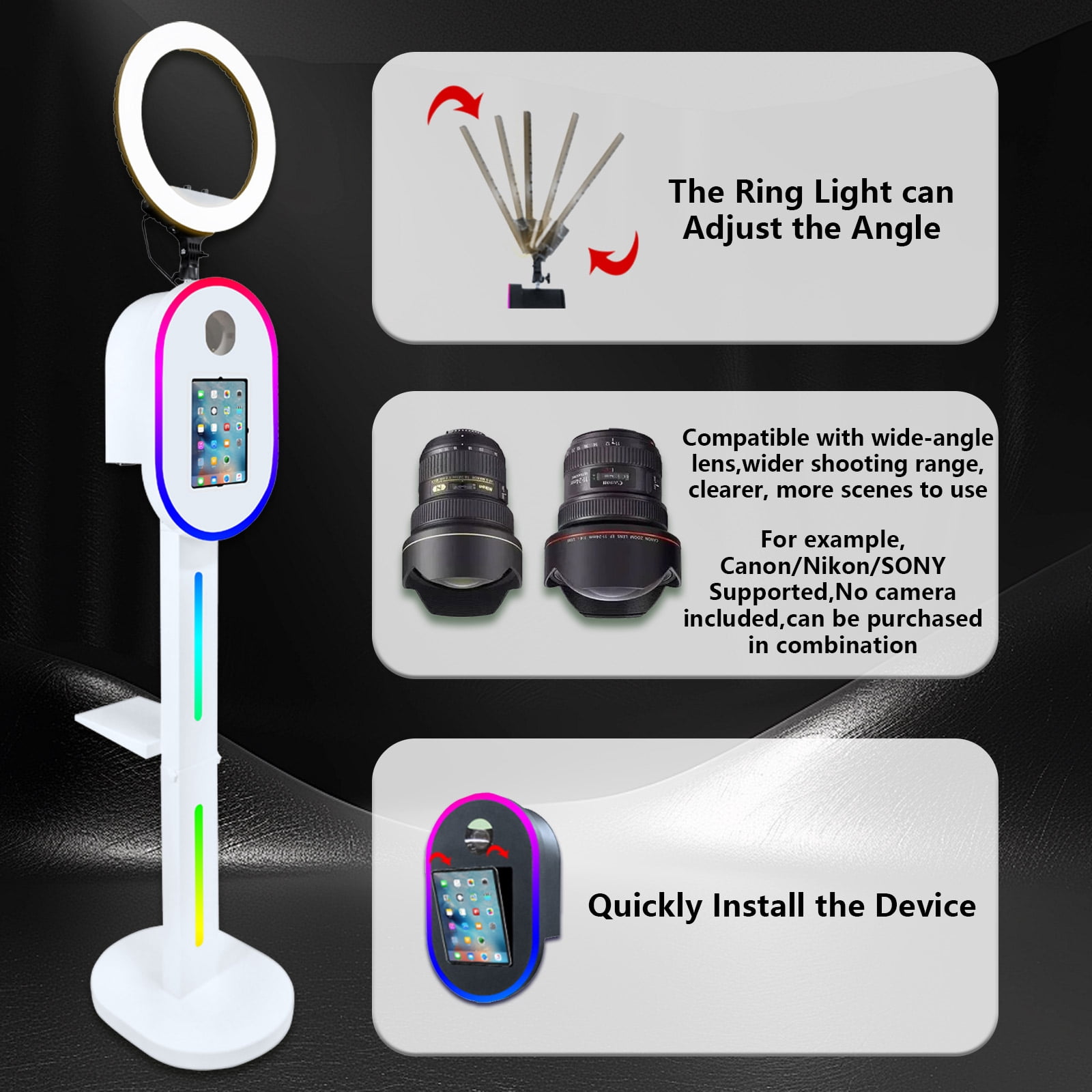 iPad PhotoBooth Stand Selfie Machine With Ring Light for 10.2/11/12.9 inch iPad for Party Wedding