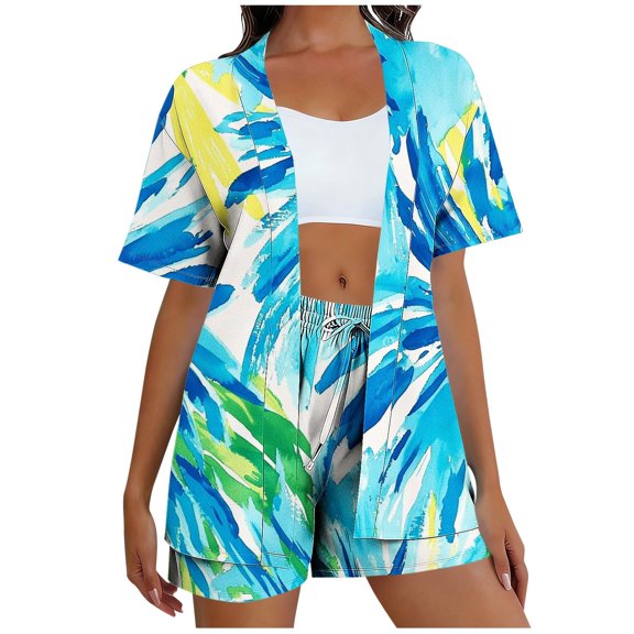 Daiosportswear Women'S Short Sleeve T-Shirt 3D Floral Print Summer Short Sleeve Shirt and Short,2 Piece Sets for Women Sky Blue-DD L(L)