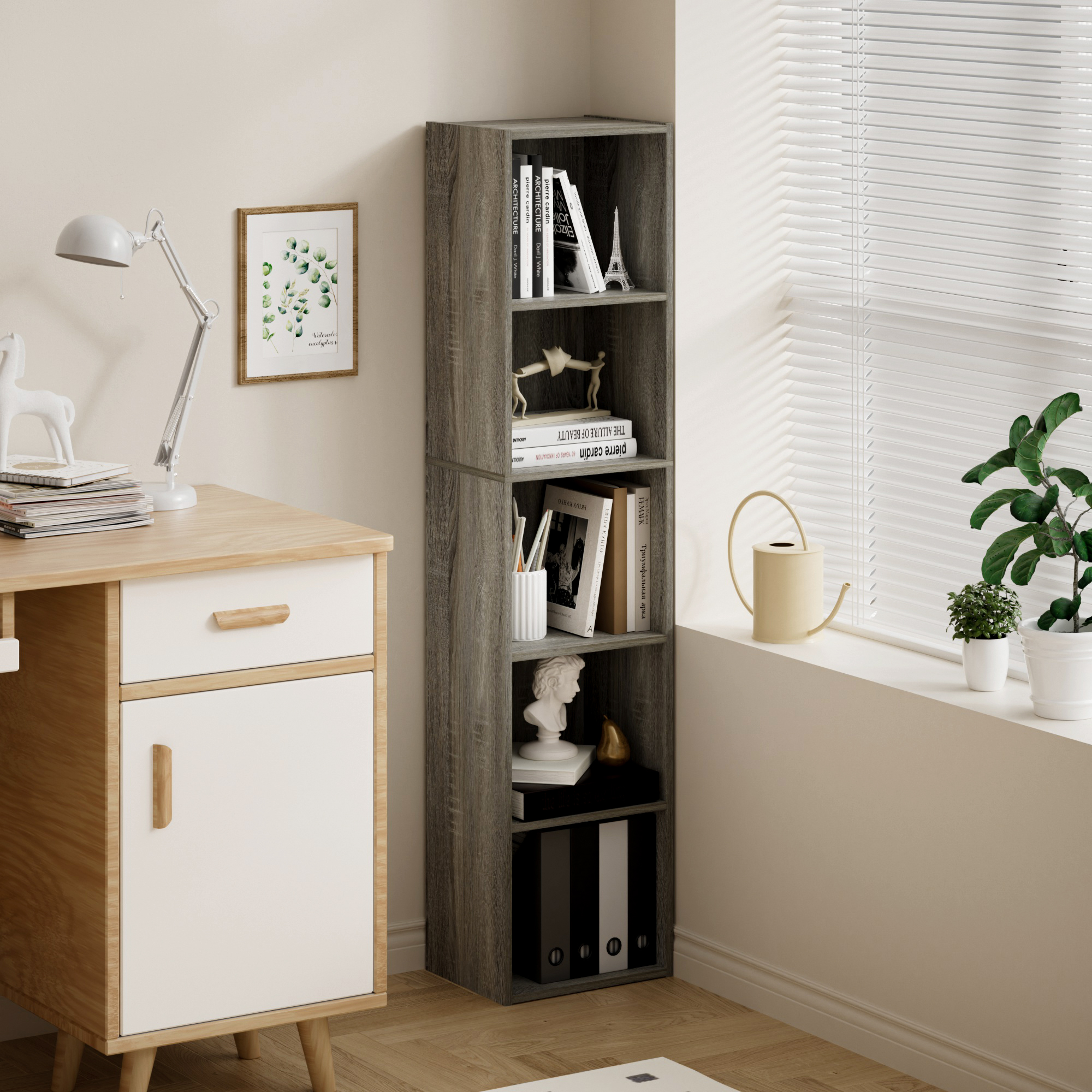 HOMLUX 9" x 12" x 52" Storage Shelf 5 Tier Cube Bookcase, Suitable for Small Space, Gray