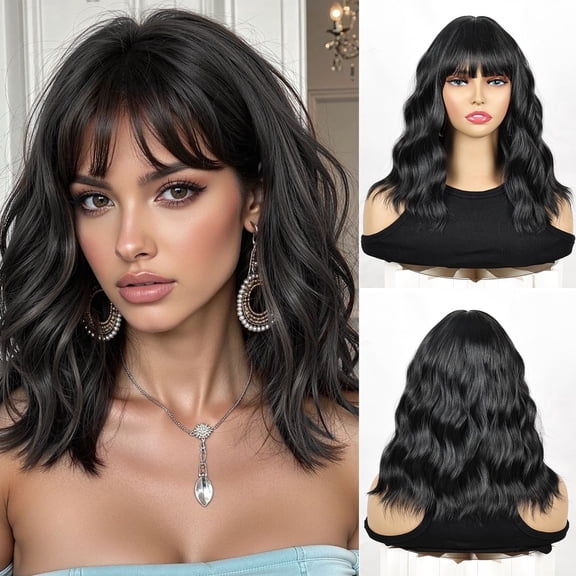 Phocas 12inch Short Bob Wigs for Women Wavy Bob Wig Synthetic Black Wig with Bangs Easy to Wear