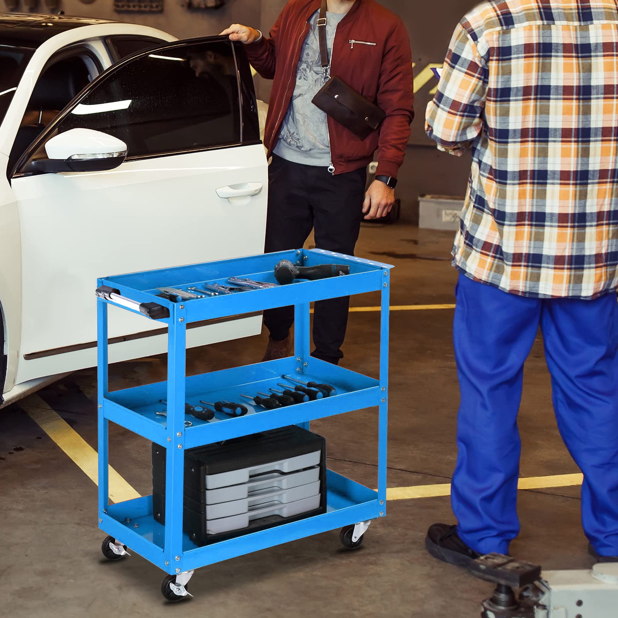 Aukfa 3-Tier Utility Cart with Wheels, Rolling Tool Cart Service Cart for Warehouse, Garage, Blue