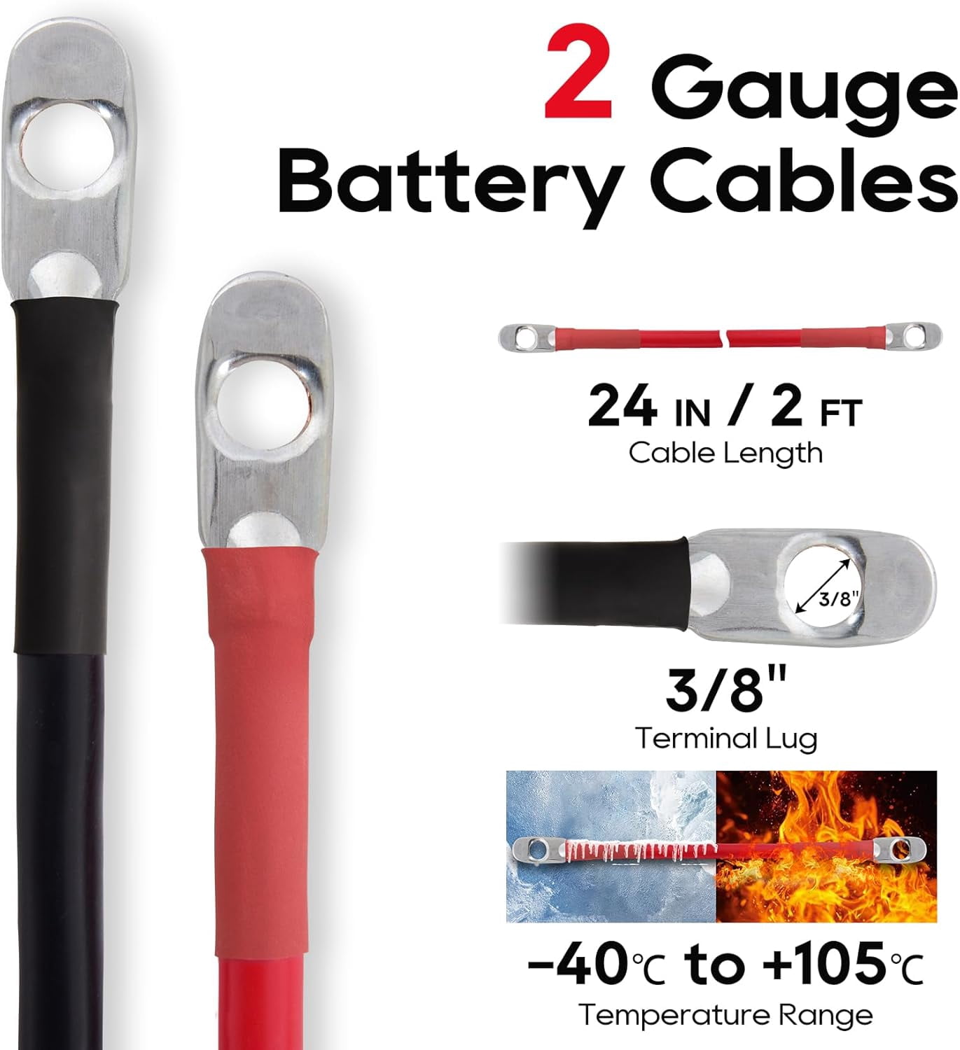2 AWG Battery Cable 2AWG 24-Inch Battery Inverter Cables Set All Copper Conductor Wire with 3/8" R Terminals (2 AWG x 24 Inches) for Car, Truck, RV,2Pcs