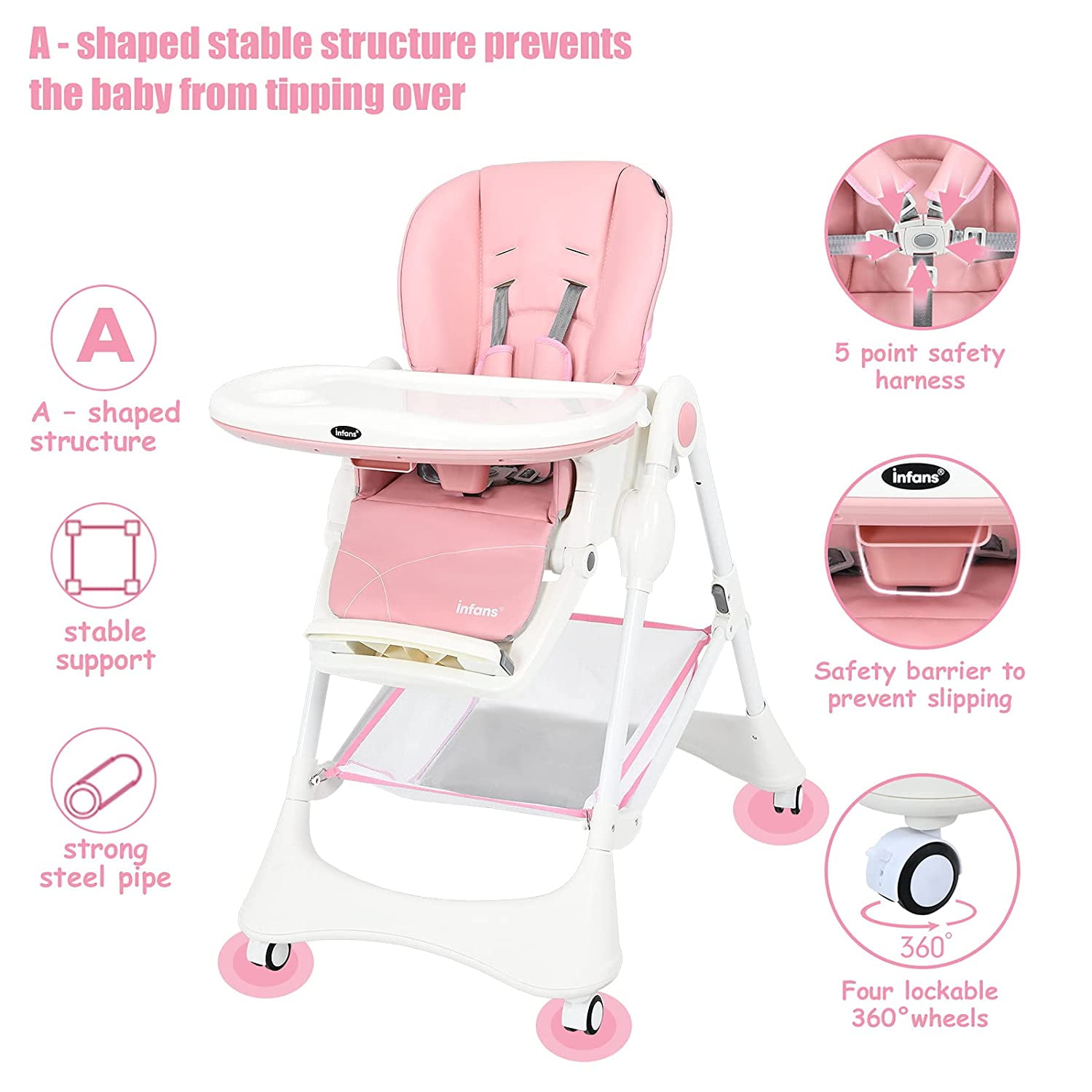 INFANS High Chair with One-Hand Removable Tray, 4 Lockable Wheels & Large Storage Basket - Multi-Adjustable Height, Footrest, Removable Cushion, Foldable for Baby, Infant& Toddler, Pink