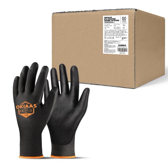 OKIAAS Work Gloves for Men,Ultra Thin and Lightweight Working Gloves with Grip, Bulk Case of 60 Pairs Construction Gloves with Polyurethane Coating, Safety G